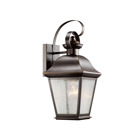 The Mount Vernon 16.75in; 1 light outdoor wall light features a classic look with its Olde Bronze finish and clear seeded glass. The Mount Vernon outdoor wall light is perfect in a traditional environment.