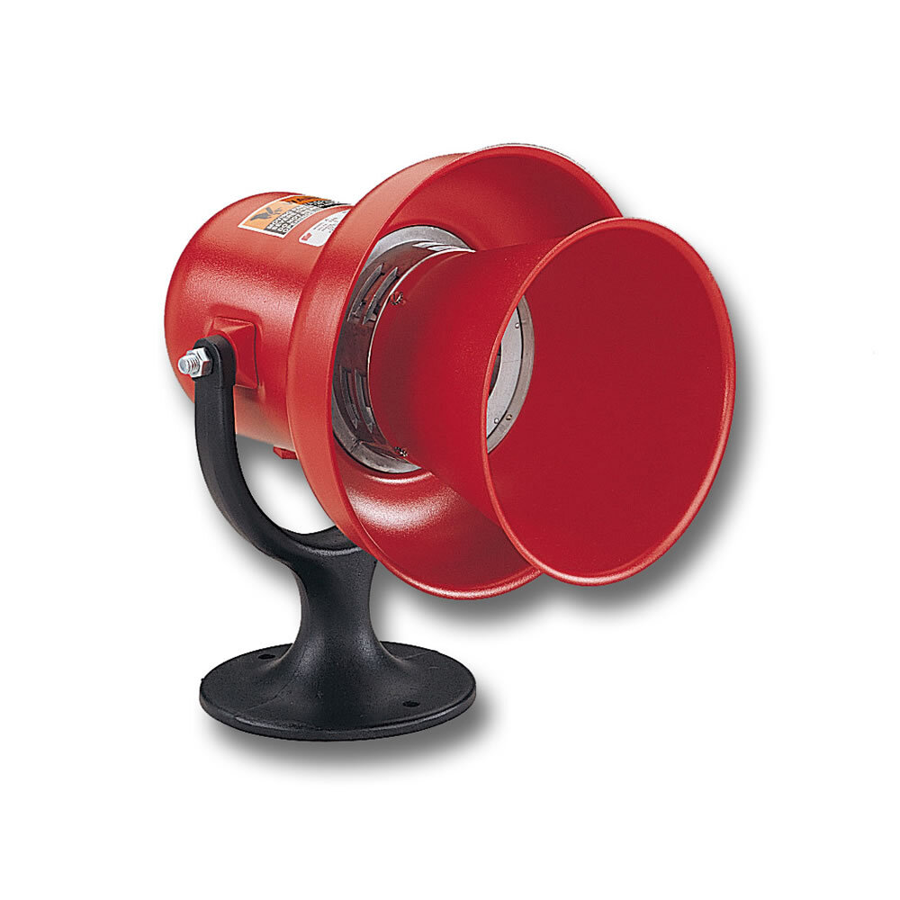 A-120 A Series Electromechanical Siren With 120 V AC/DC Universal Motor, 120 V AC/DC, 1.9 A, 103 dB Sound, Surface Mount, Red, ARRA Compliant|BAA Compliant|CSA Certified