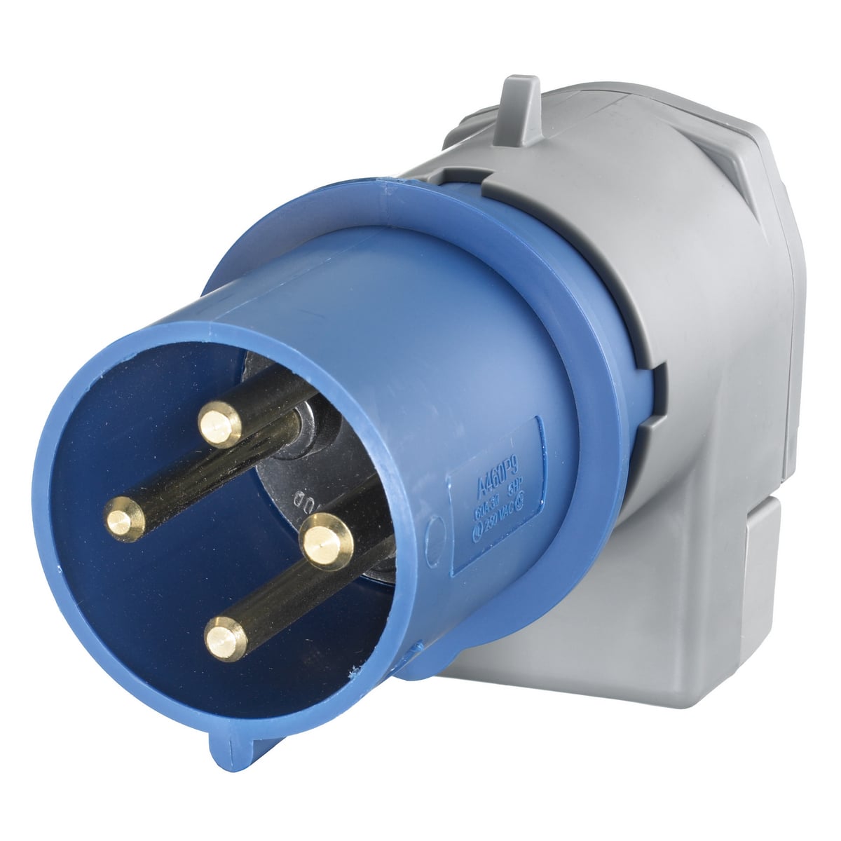 A460P9 3-Phase Angled Grounding Male Watertight Cord Mount Pin and Sleeve Plug, 250 V AC, 60 A, 3 Poles, 4 Wires, Blue