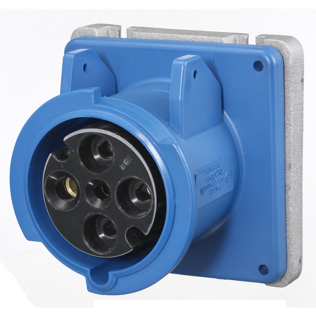A460R9 3-Phase Female Standard Self-Grounding Single Low Profile Watertight Screw Mount Pin and Sleeve Receptacle, 250 V AC, 60 A, 3 Poles, 4 Wires, Blue