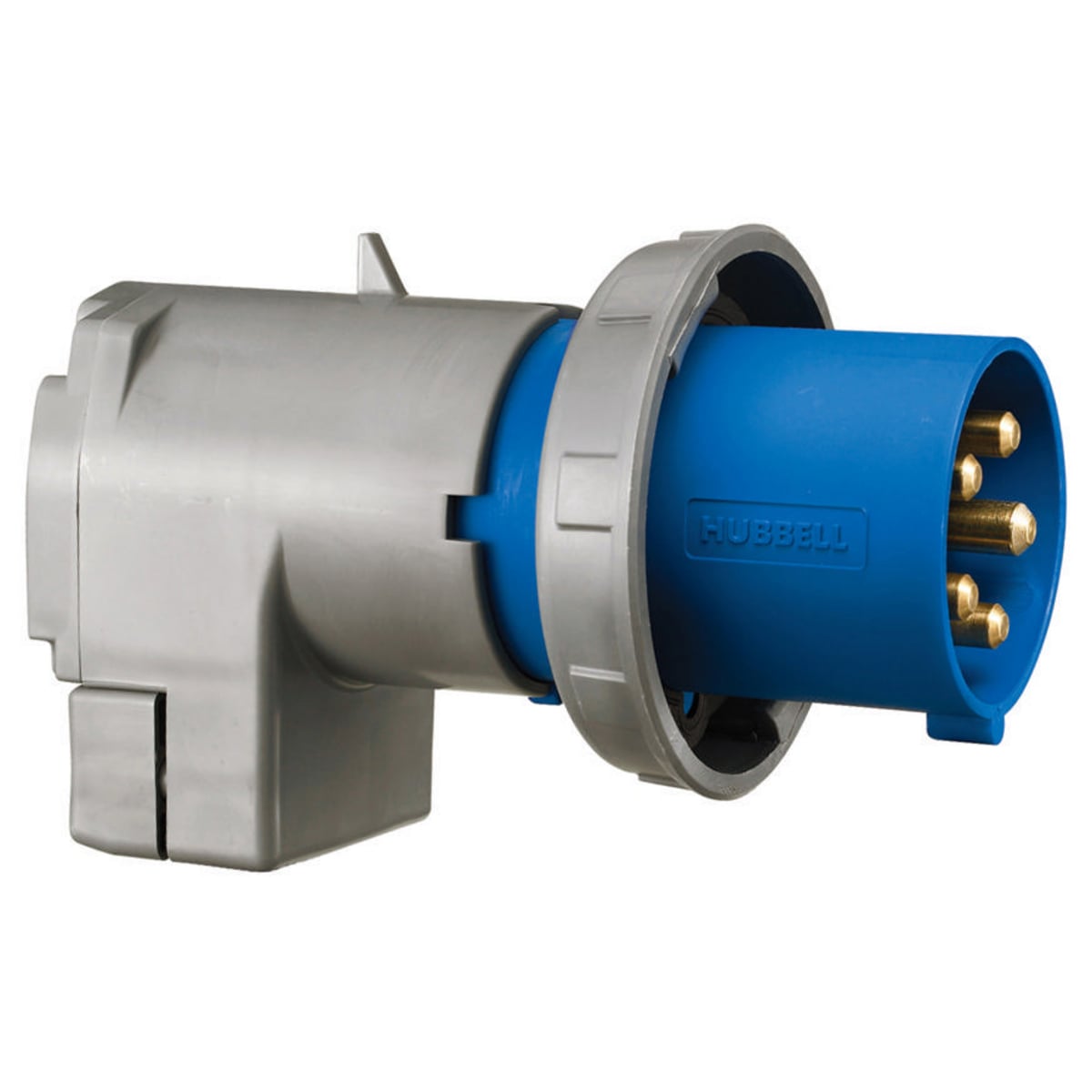 A560P9 3-Phase Angled Heavy Duty Low Profile Male Standard Cord Mount Watertight Pin and Sleeve Plug, 120/208 V AC, 60 A, 4 Poles, 5 Wires, Blue