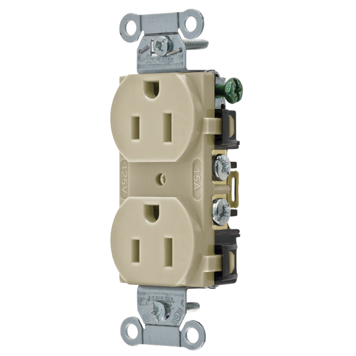 BR15I 1-Phase Duplex Self-Grounding Standard Traditional Screw Mount Straight Blade Receptacle, 125 V AC, 15 A, 2 Poles, 3 Wires, Ivory