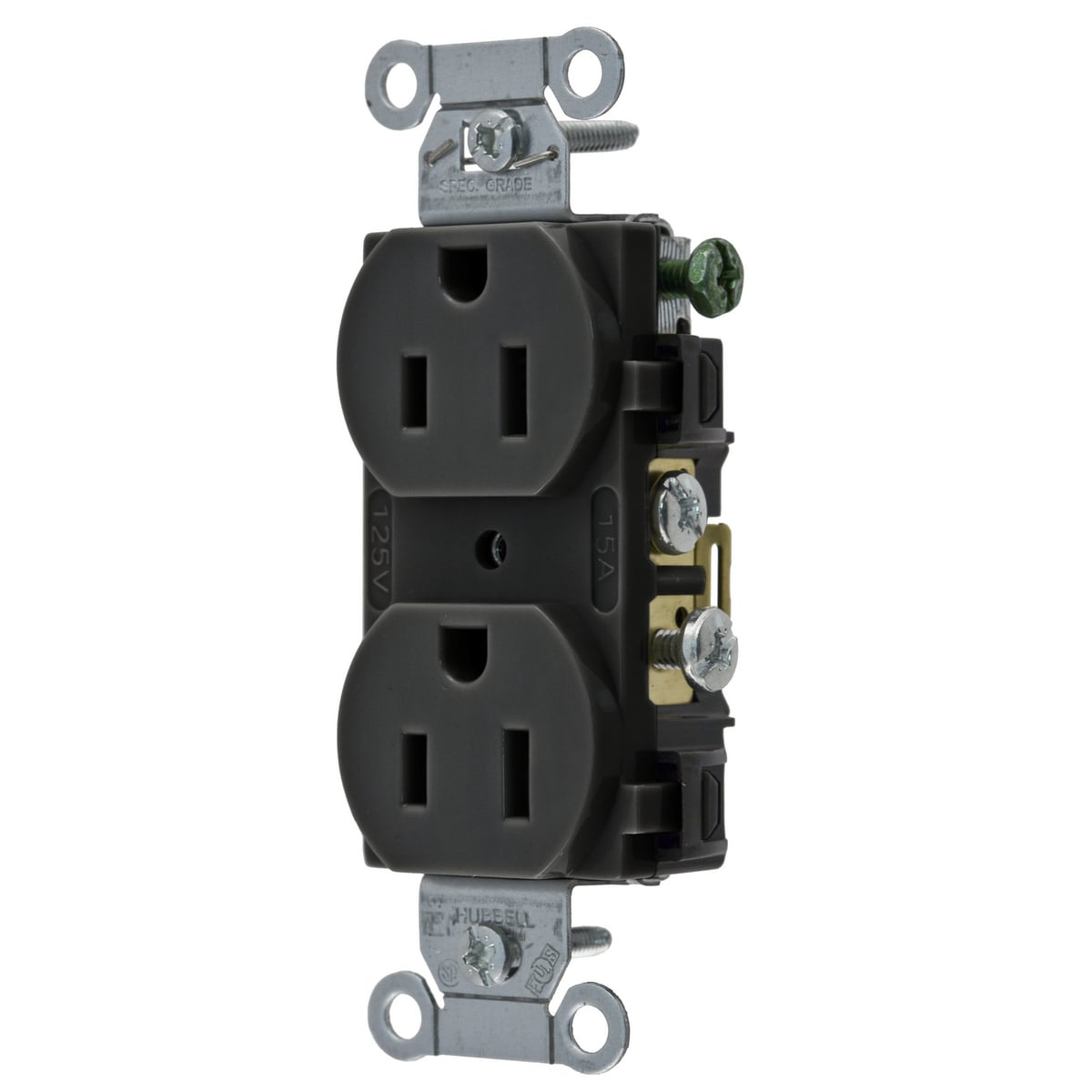 CR15BLK 1-Phase Duplex Self-Grounding Screw Mount Straight Blade Receptacle, 125 V AC, 15 A, 2 Poles, 3 Wires, Black