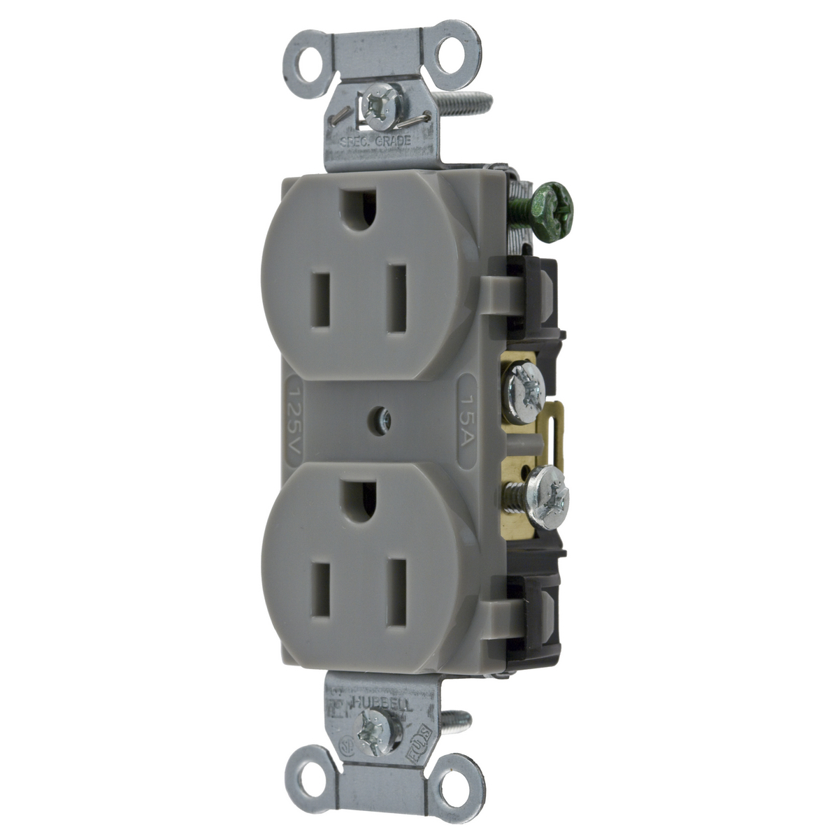 CR15GRY Commercial 1-Phase Duplex Standard Screw Mount Straight Blade Receptacle, 125 V AC, 15 A, 2 Poles, 3 Wires, Gray
