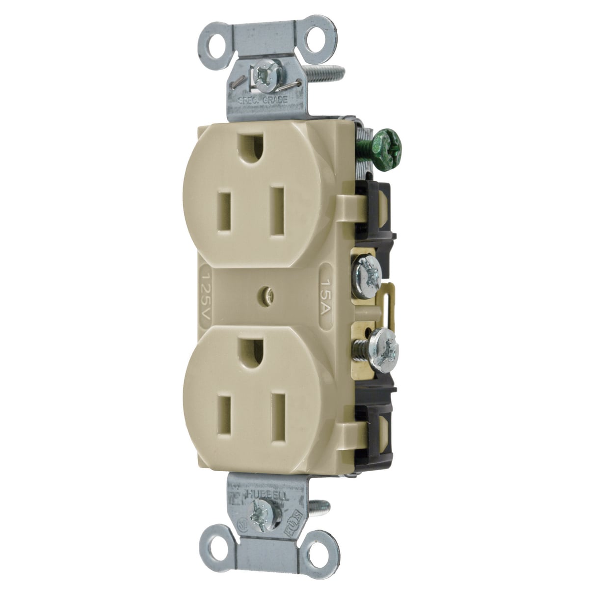 CR15I 1-Phase Duplex Self-Grounding Standard Traditional Screw Mount Straight Blade Receptacle, 125 V AC, 15 A, 2 Poles, 3 Wires, Ivory