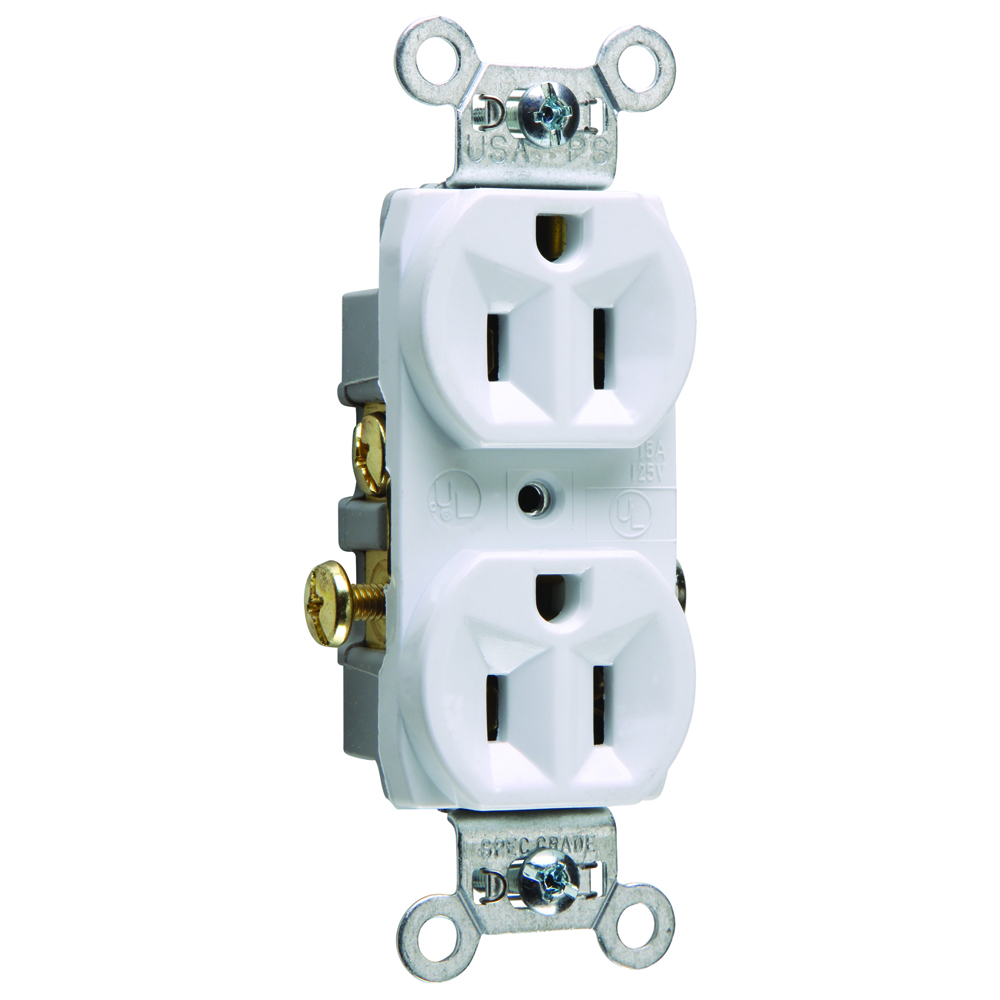 CR15W 15 Amp 125V Commercial Spec-Grade Duplex Receptacle, Side Wire, White