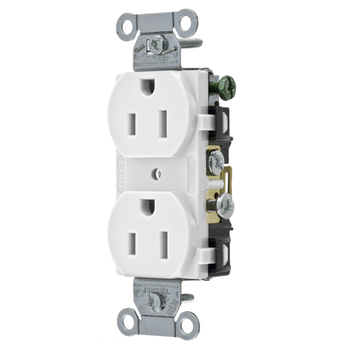 CR15WHI 1-Phase Duplex Self-Grounding Screw Mount Straight Blade Receptacle, 125 V AC, 15 A, 2 Poles, 3 Wires, White