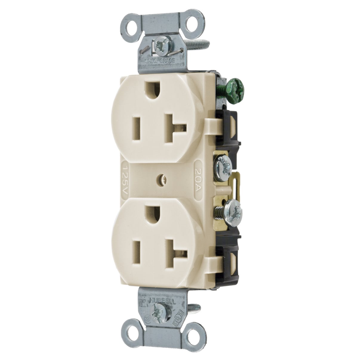 CR20AL 1-Phase Duplex Standard Traditional Self-Grounding Straight Blade Receptacle, 125 V AC, 20 A, 2 Poles, 3 Wires, Almond