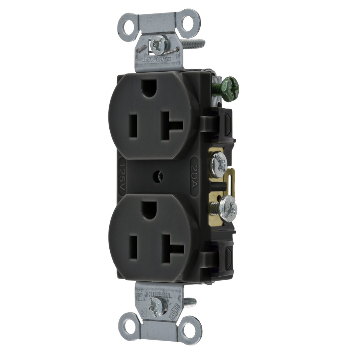 CR20BLK 1-Phase Duplex Self-Grounding Standard Traditional Screw Mount Straight Blade Receptacle, 125 V AC, 20 A, 2 Poles, 3 Wires, Black