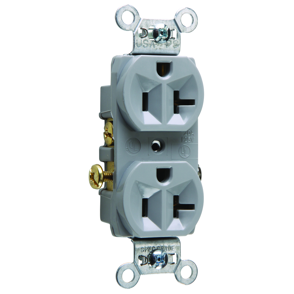 CR20GRY 20 Amp 125V Commercial Spec-Grade Duplex Receptacle, Side Wire, Gray