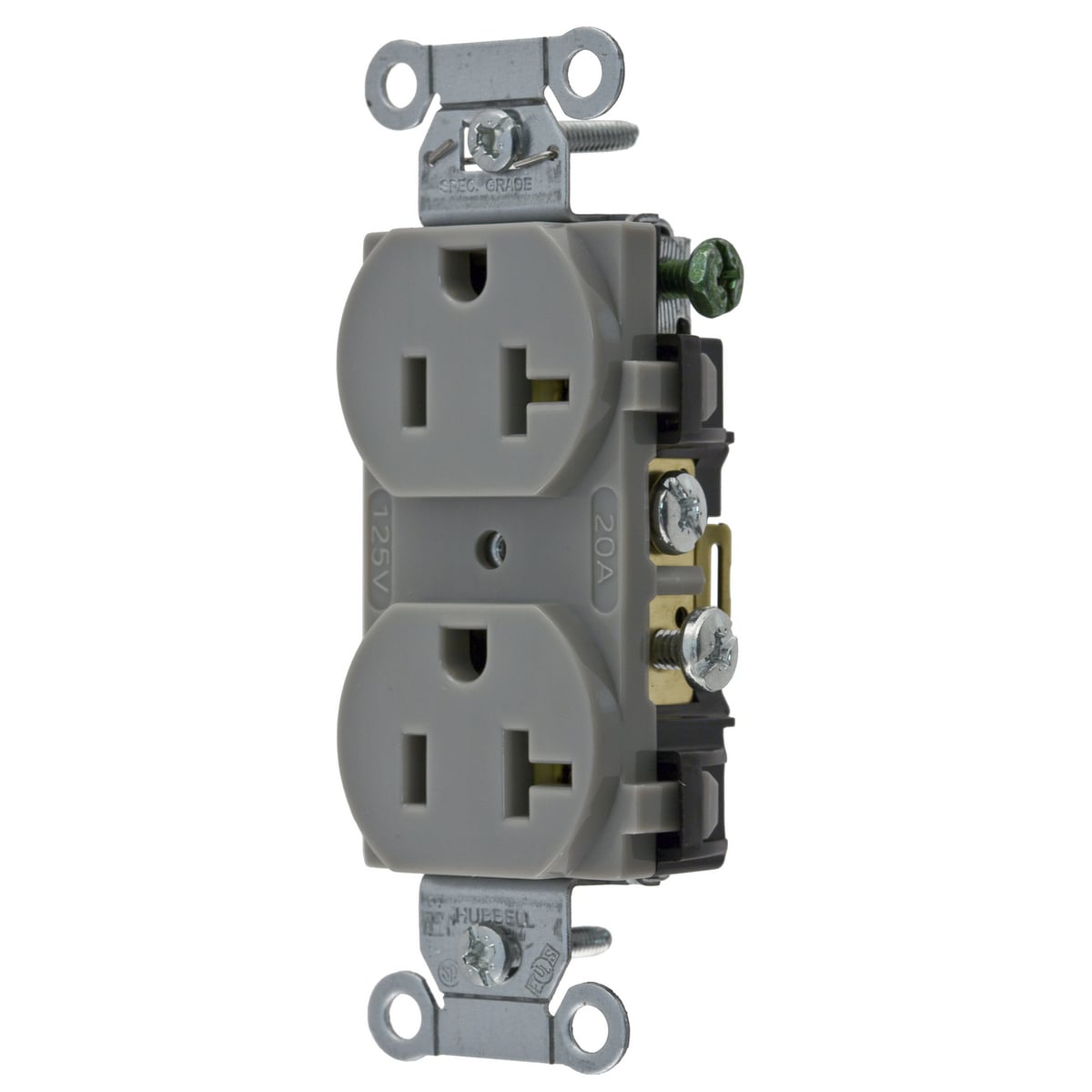 CR20GRY 1-Phase Duplex Self-Grounding Standard Traditional Screw Mount Straight Blade Receptacle, 125 V AC, 20 A, 2 Poles, 3 Wires, Gray
