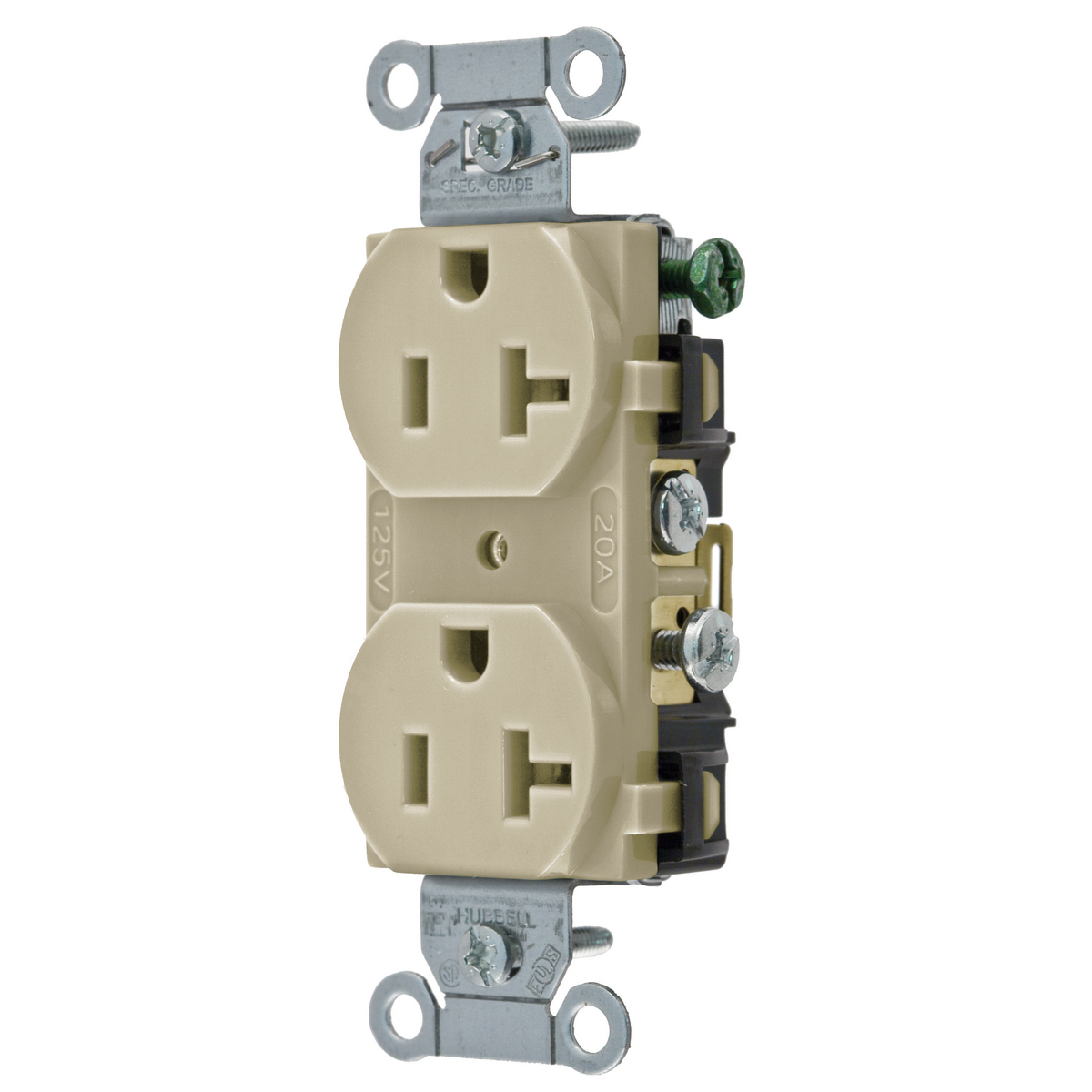 CR20I 1-Phase Duplex Self-Grounding Standard Traditional Screw Mount Straight Blade Receptacle, 125 V AC, 20 A, 2 Poles, 3 Wires, Ivory