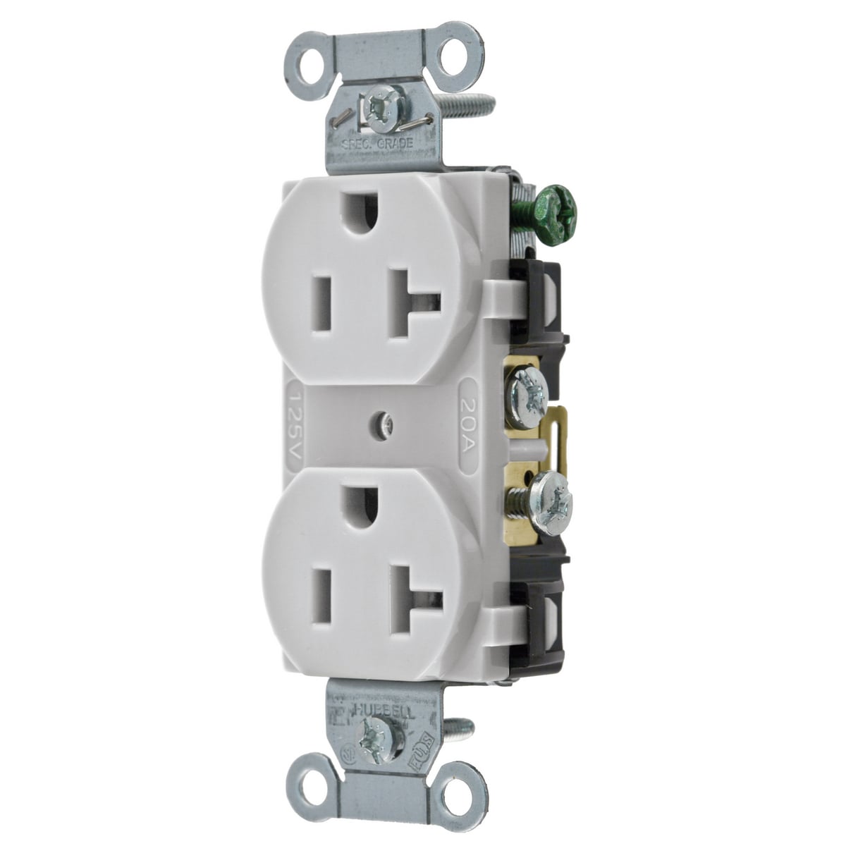CR20OW 1-Phase Duplex Self-Grounding Standard Traditional Screw Mount Straight Blade Receptacle, 125 VAC, 20 A, 2 Poles, 3 Wires, Office White