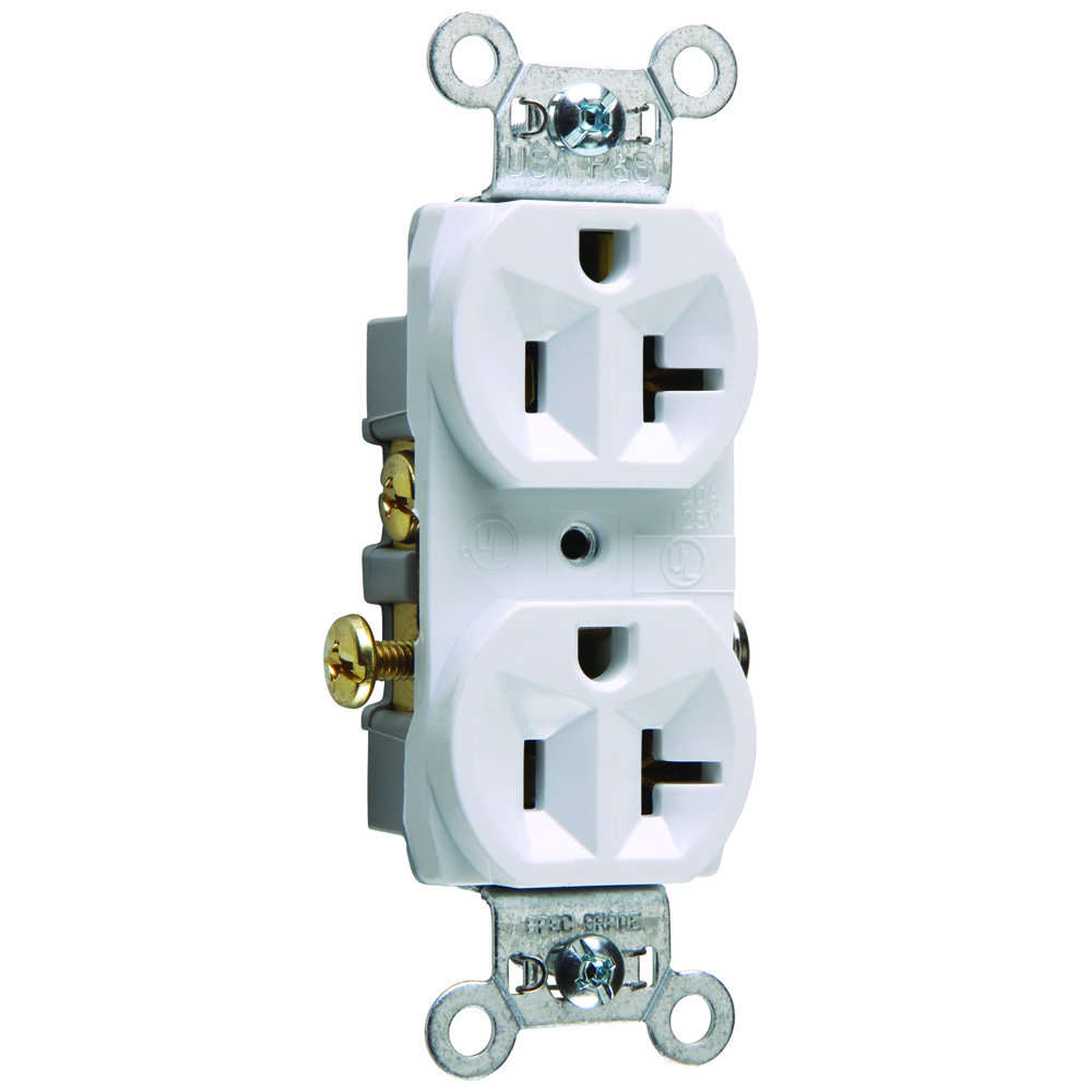 CR20W 20 Amp 125V Commercial Spec-Grade Duplex Receptacle, Side Wire, White