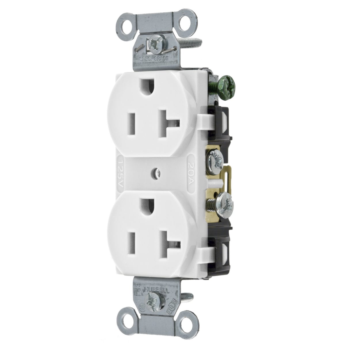 CR20WHI 1-Phase Duplex Self-Grounding Screw Mount Straight Blade Receptacle, 125 V AC, 20 A, 2 Poles, 3 Wires, White