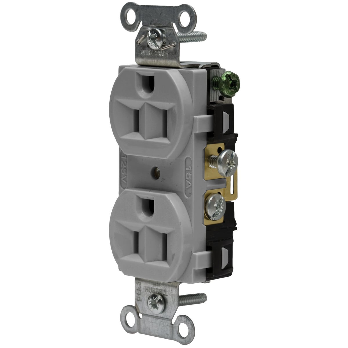 CRF15GRY 1-Phase Duplex Finder Groove Face Self-Grounding Standard Traditional Screw Mount Straight Blade Receptacle, 125 VAC, 15 A, 2 Poles, 3 Wires, Gray