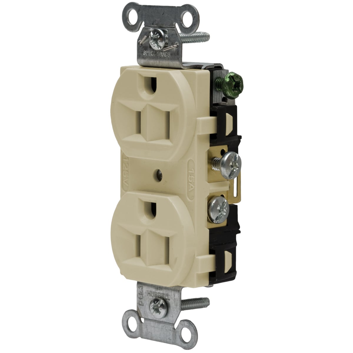 CRF15I 1-Phase Duplex Finder Groove Face Self-Grounding Standard Traditional Screw Mount Straight Blade Receptacle, 125 VAC, 15 A, 2 Poles, 3 Wires, Ivory