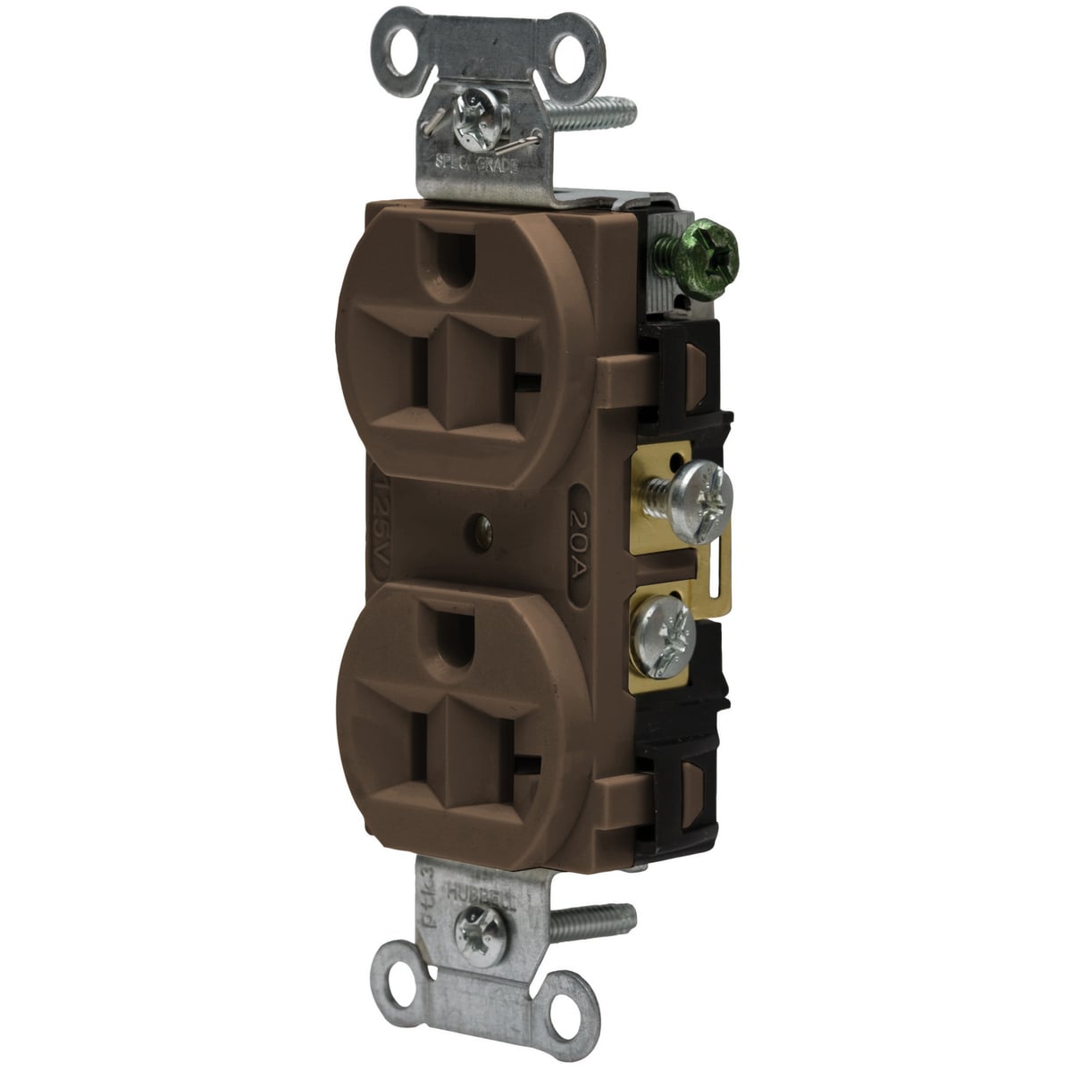 CRF20 1-Phase Duplex Grounding Standard Traditional Screw Mount Straight Blade Receptacle, 125 VAC, 20 A, 2 Poles, 3 Wires, Brown