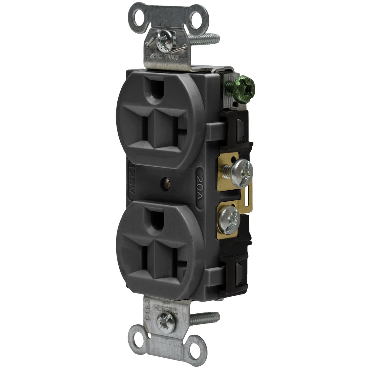 CRF20BLK 1-Phase Duplex Finder Groove Face Self-Grounding Standard Traditional Screw Mount Straight Blade Receptacle, 125 VAC, 20 A, 2 Poles, 3 Wires, Black