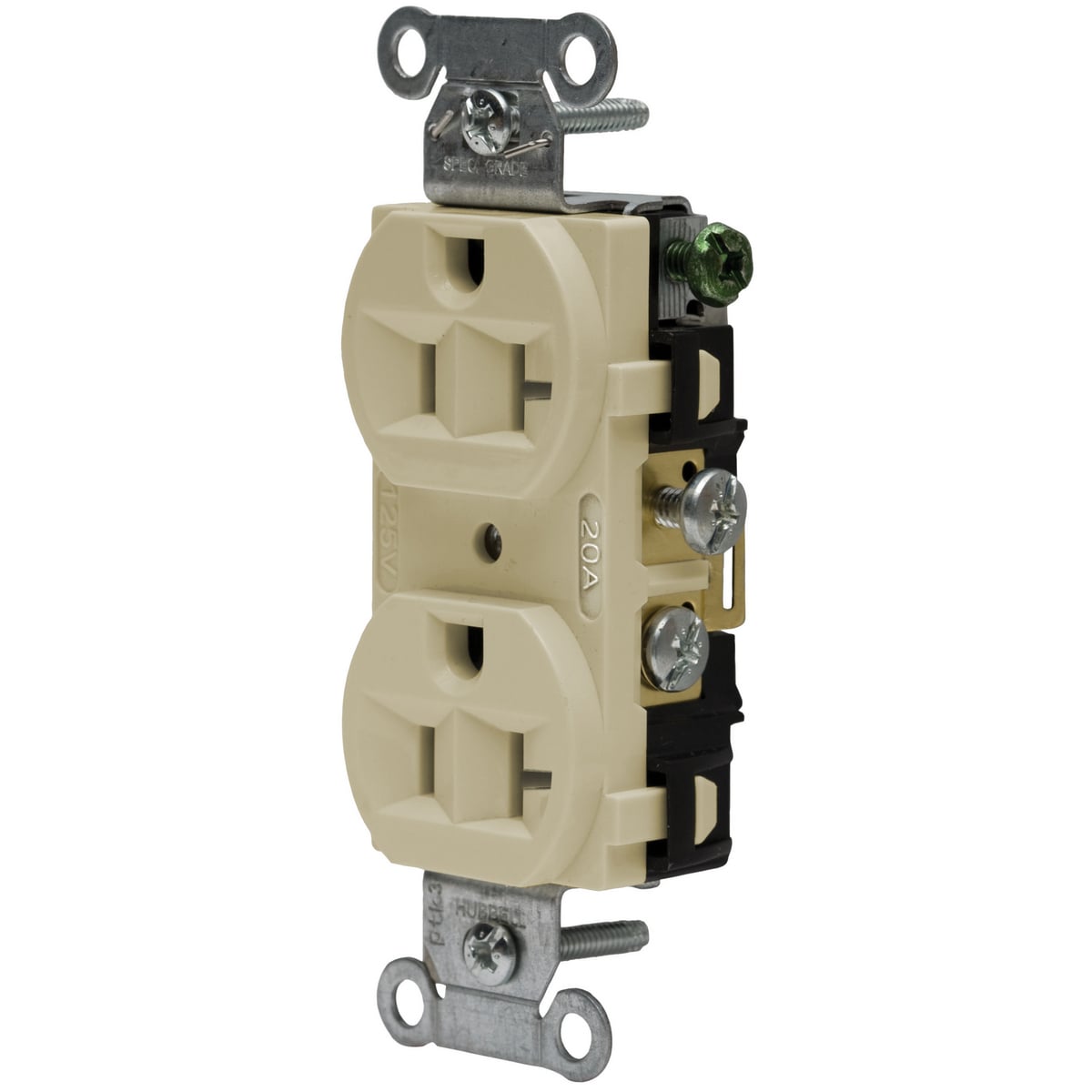 CRF20I 1-Phase Duplex Grounding Standard Traditional Screw Mount Straight Blade Receptacle, 125 V AC, 20 A, 2 Poles, 3 Wires, Ivory