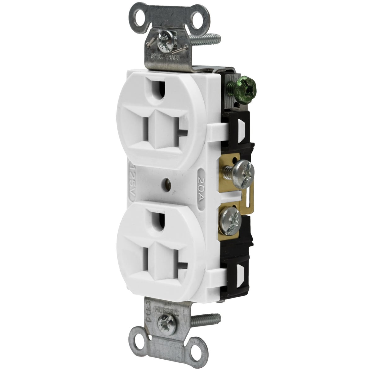 CRF20WHI 1-Phase Duplex Grounding Standard Traditional Screw Mount Straight Blade Receptacle, 125 V AC, 20 A, 2 Poles, 3 Wires, White