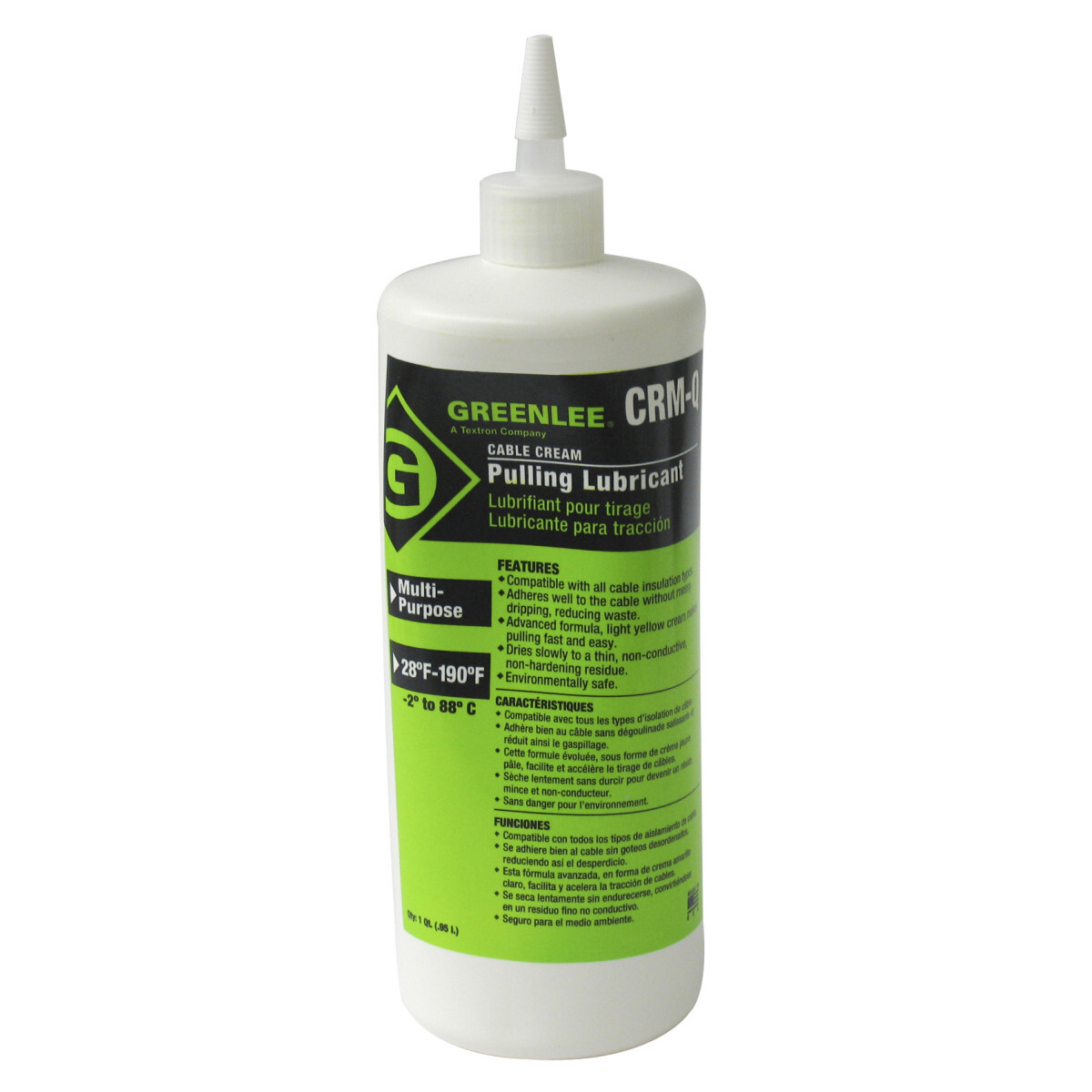 CRM-Q Cable-Cream Non-Flammable Non-Hazardous Pulling Lubricant, 1 qt Squeeze Bottle, Gel, Light Yellow, 1
