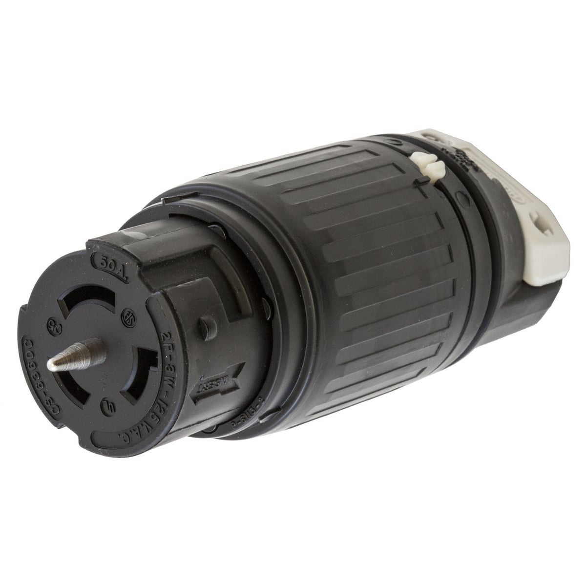 CS6360C 1-Phase Heavy Duty Isolated Grounding Standard Sized Cord Mount Female Connector, 125 V AC, 50 A, 2 Poles, 3 Wires, Black/White