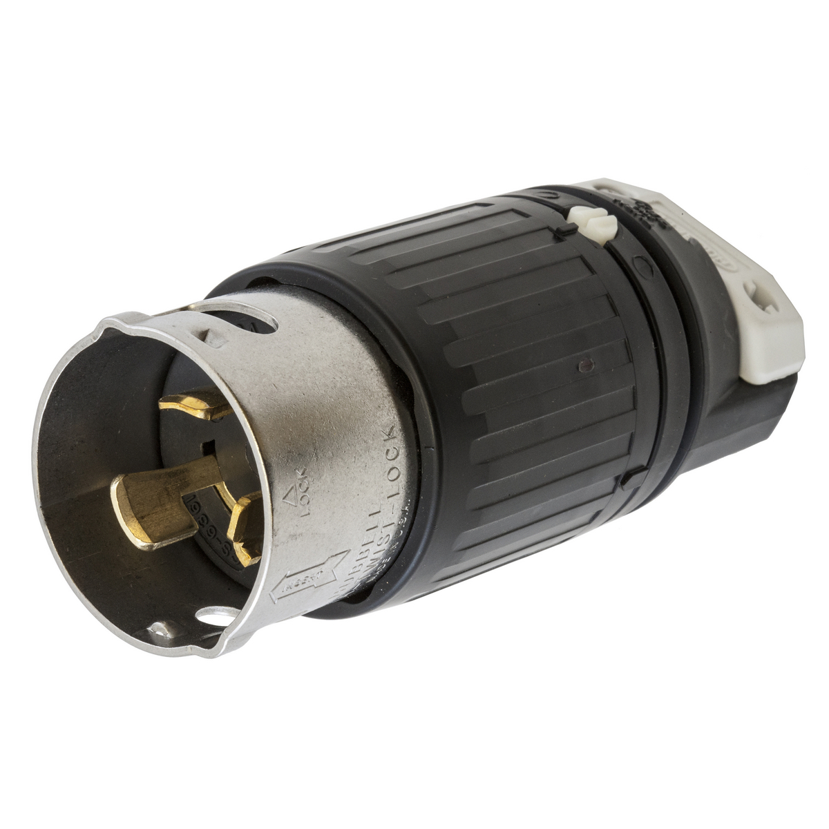 CS6361C CS Series 1-Phase Extra Heavy Duty Grounding Cord Mount Locking Plug, 125 V AC, 50 A, 2 Poles, 3 Wires, Black/White