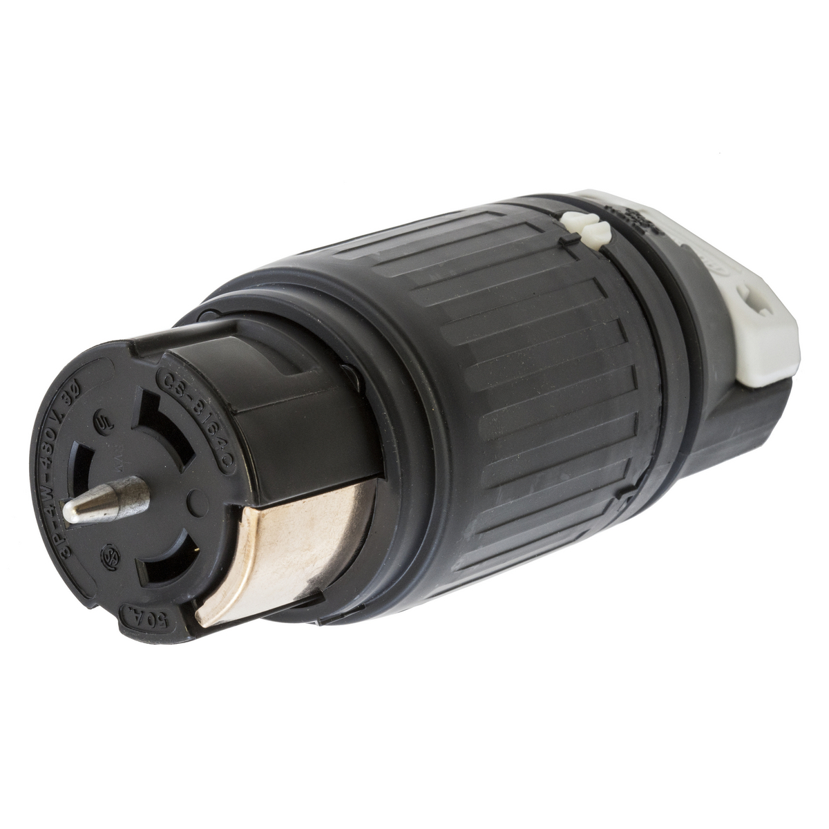 CS8164C 3-Phase Heavy Duty Insulated Non-Grounding Shrouded Standard Watertight Cord Mount Locking Female Connector, 480 V AC, 50 A, 3 Poles, 4 Wires, Black/White