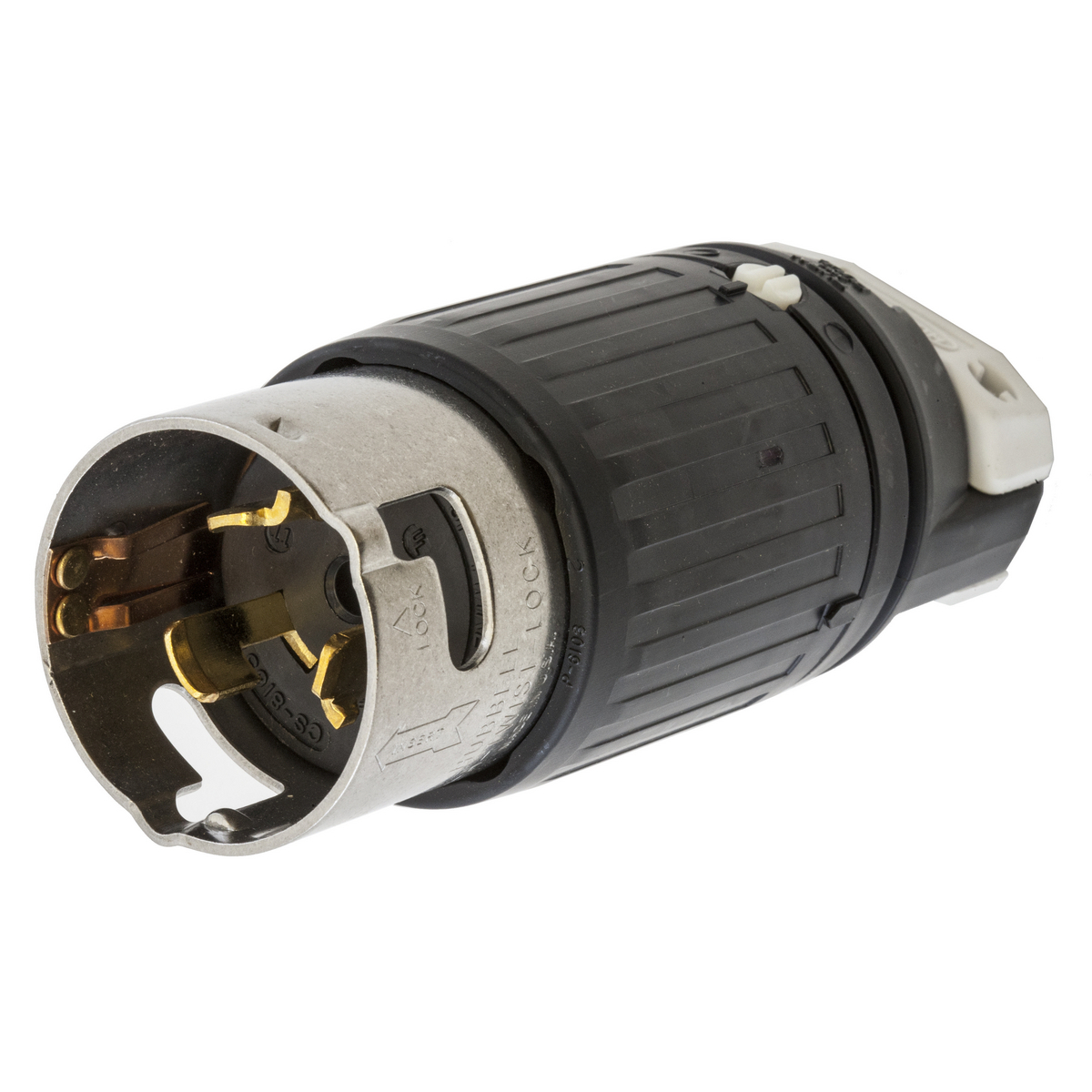 CS8165C 3-Phase Grounding Cord Mount Locking Plug, 480 V AC, 50 A, 3 Poles, 4 Wires, Black/White