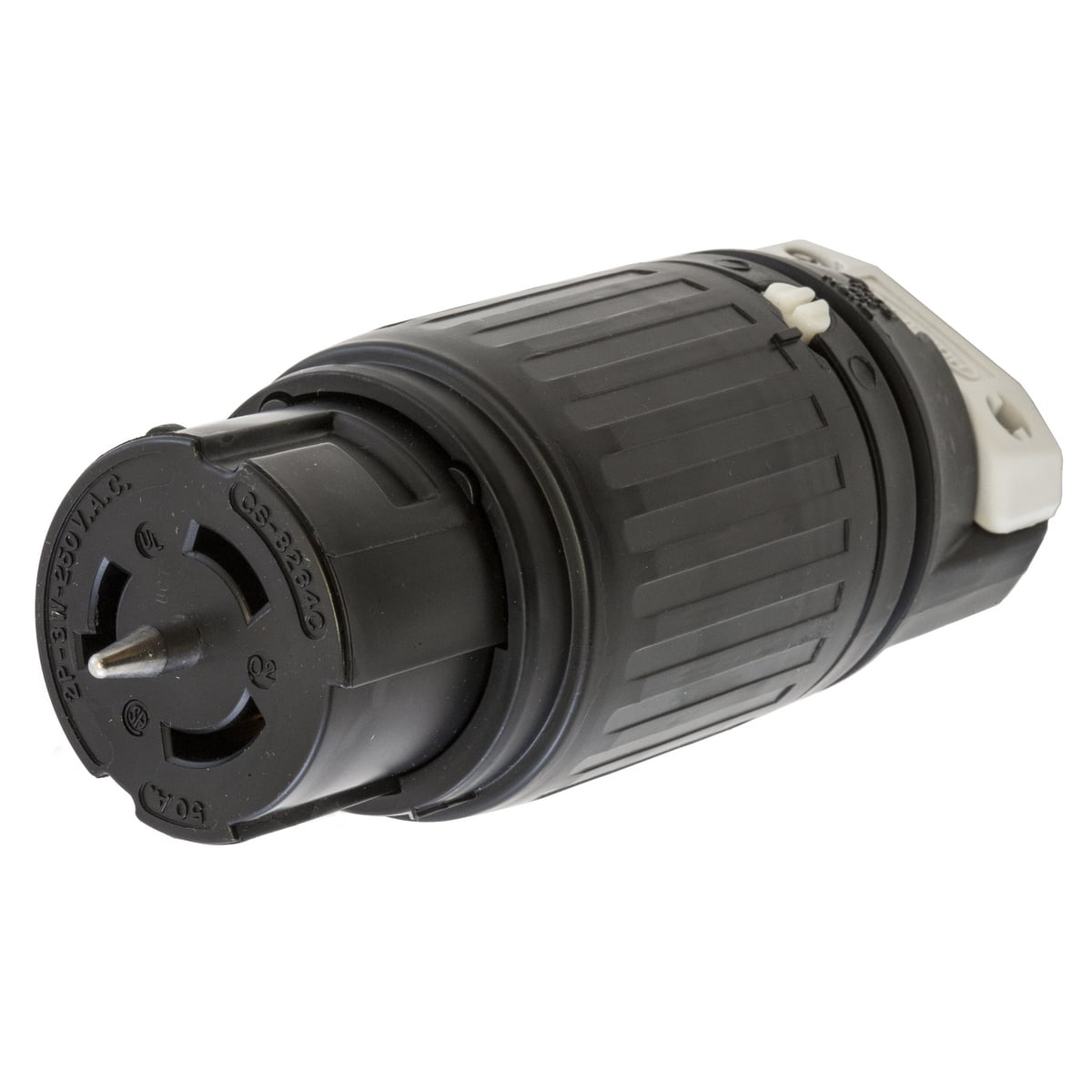 CS8264C CS Series Grounding Heavy Duty Cord Mount Locking Connector, 250 V AC, 50 A, 2 Poles, 3 Wires, Black/White
