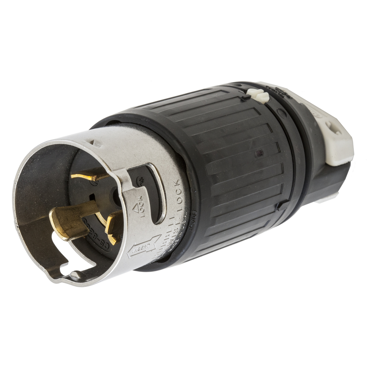 CS8265C 1-Phase Grounding Cord Mount Locking Plug, 250 V AC, 50 A, 2 Poles, 3 Wires, Black/White