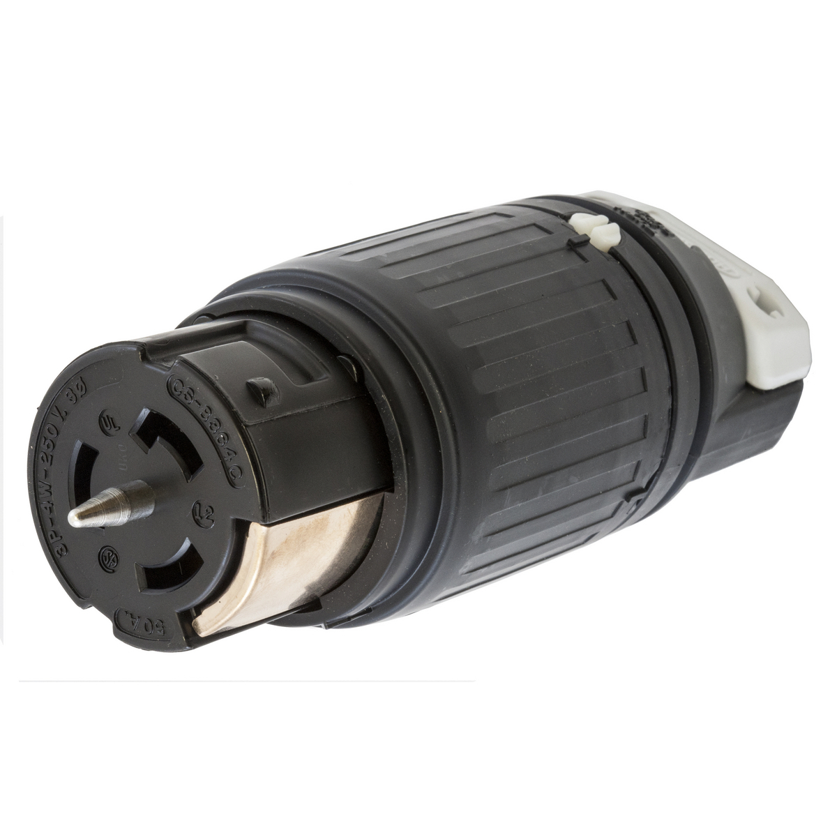 CS8364C Grounding Heavy Duty Cord Mount Locking Connector, 250 V AC, 50 A, 3 Poles, 4 Wires, Black/White