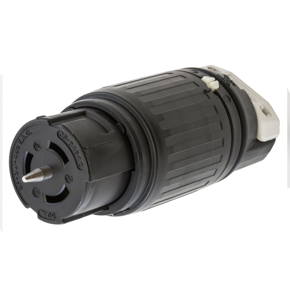 CS8464C CS Series Grounding Heavy Duty Cord Mount Locking Connector, 480 V AC, 50 A, 2 Poles, 3 Wires, Black/White