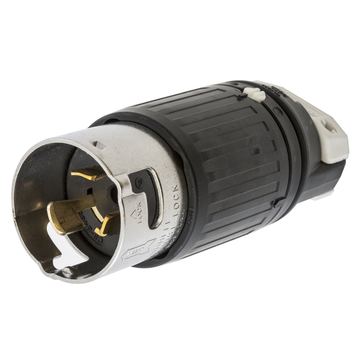 CS8465C CS Series 1-Phase Grounding Male Standard Cord Mount Locking Plug, 480 V AC, 50 A, 2 Poles, 3 Wires, Black/White