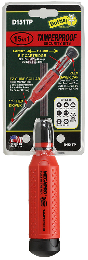 D151TP Megapro 15-in-1 Tamperproof Screwdriver Set, #6, #8, #10, #12, 1/4 in, 1/8 in, 3/16 in, 9/64 in, 15/32 in, T10, T15, T20, T25, T27, T30 6-Lobe/Hex Pin/Spanner Point