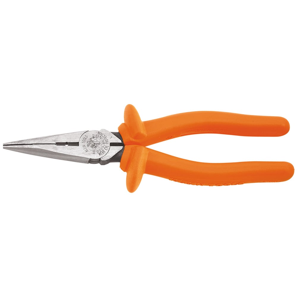 D203-8N-INS Heavy Duty Long Nose Plier, Knurled Induction Hardened Steel Jaw, 2.313 in L x 1 in W Jaw, 8.91 in OAL, 1/8 in W Tip