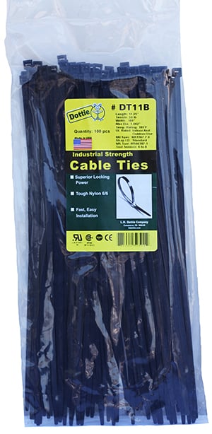 DT11B 1-Piece Bent Tip Standard Duty Cable Tie, 11-1/4 in L x 0.18 in W x 0.052 in THK, Nylon, UV Black
