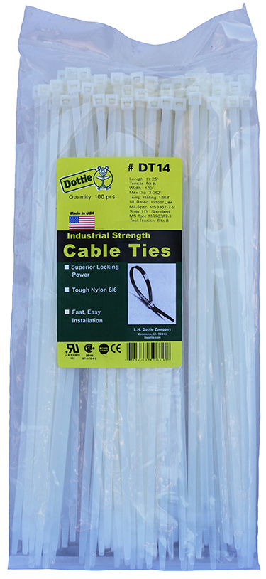 DT14 Standard Duty Bent Tip Cable Tie, 14-1/4 in L x 0.18 in W x 0.052 in THK, Nylon, Natural