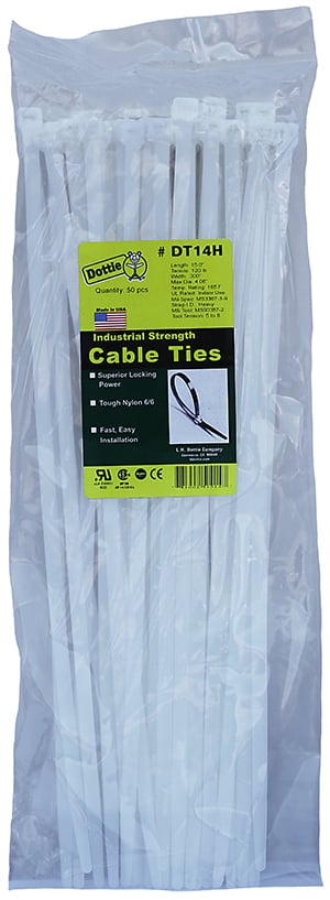 DT14H Heavy Duty Straight Tip Cable Tie, 15.09 in L x 0.3 in W x 0.076 in THK, Nylon, Natural