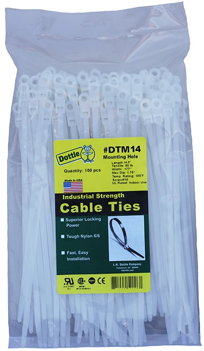 DTM14 1-Piece Bent Tip Heavy Duty Mounting Hole Cable Tie, 14-1/2 in L x 0.177 in W x 0.053 in THK, Nylon, Natural