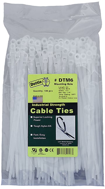 DTM6 1-Piece Bent Tip Heavy Duty Mounting Hole Cable Tie, 8 in L x 0.177 in W x 0.052 in THK, Nylon, Natural
