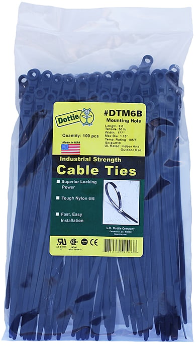 DTM6B 1-Piece Bent Tip Heavy Duty Mounting Hole Cable Tie, 8 in L x 0.177 in W x 0.052 in THK, Nylon, UV Black