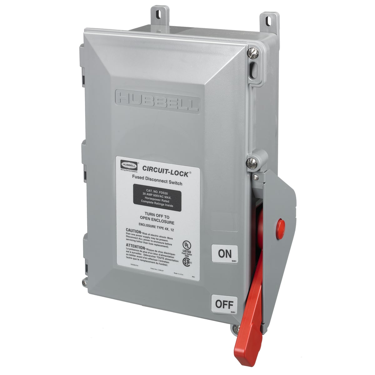 FDS30 Extra Heavy Duty Fused Non-Metallic Standard Disconnect Switch, 600 V AC, 30 A, 20 hp, 3 Poles