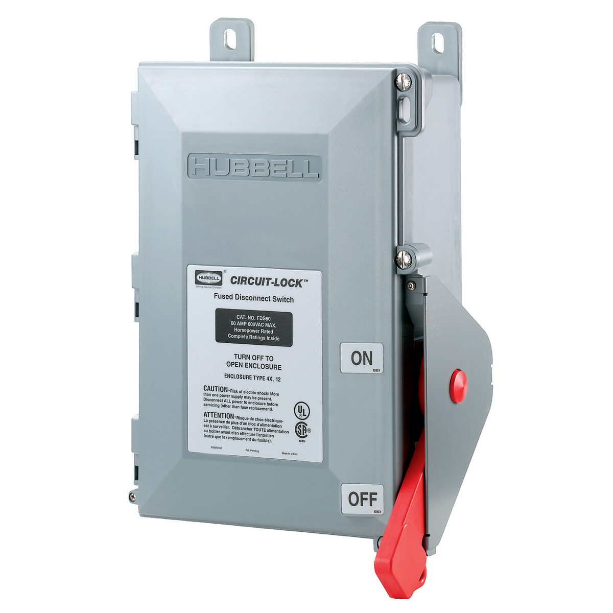 FDS60 Extra Heavy Duty Fused Non-Metallic Standard Disconnect Switch, 600 V AC, 60 A, 40 hp, 3 Poles