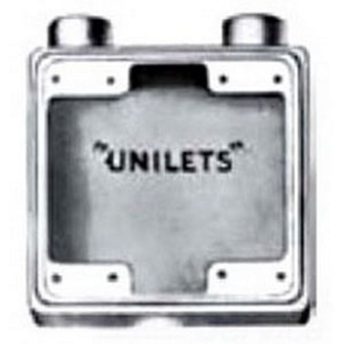 FSS-2-75-A Unilets Type FSS Heavy Duty Shallow Device Box With Internal Ground Screw, Aluminum, 32 cu-in Capacity, 2 Gangs, 2 Outlets, 2 Knockouts, 5.88 in H x 4.63 in W x 2 in D
