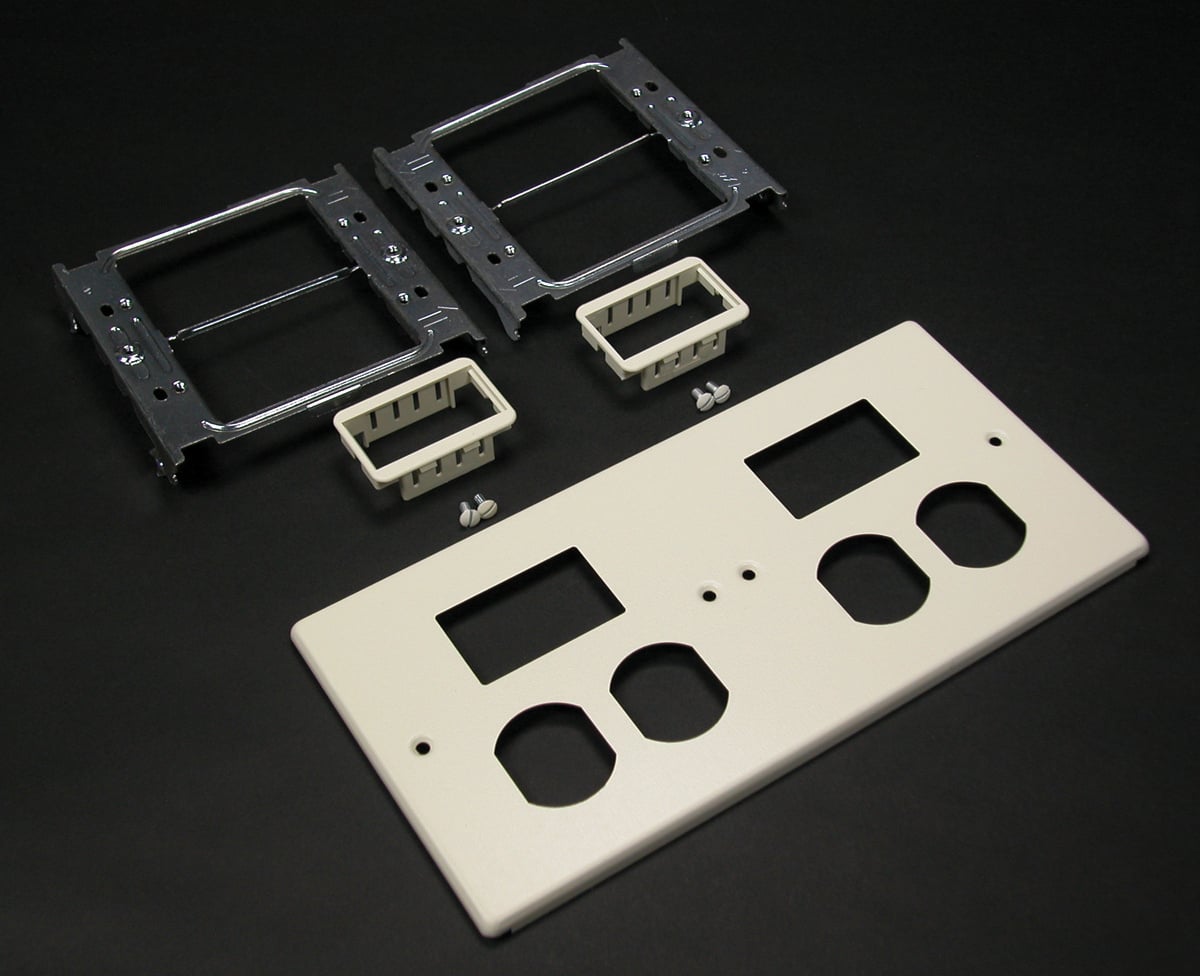 Cover Plate Type; Steel Material; 4-3/4 Inch L X 9-1/2 Inch W Size; Gray Finish; 4000 Series Raceway Used on; (2) 15/20 Ampere Duplex Receptacle, Activate Insert, Open System Communication Module Configuration; 4 Gang(S); UL (Canada and Us) Approval