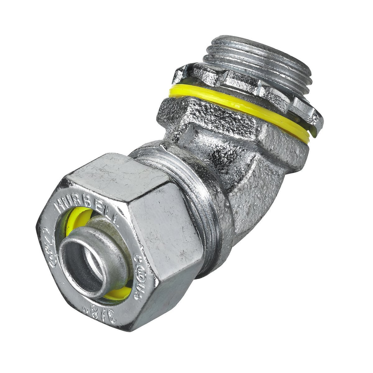 H0384 Non-Insulated Male Metallic Liquidtight Connector, 3/8 in Trade, 45 deg, Steel, Zinc Plated
