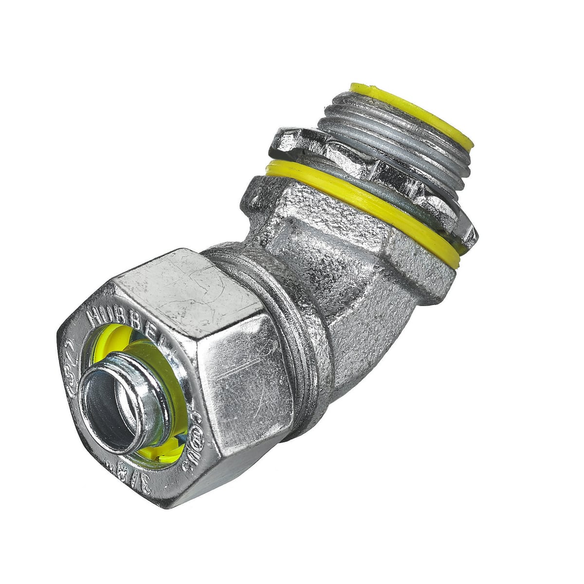 H03841 Insulated Male Metallic Liquidtight Connector, 3/8 in Trade, 45 deg, Steel, Zinc Plated