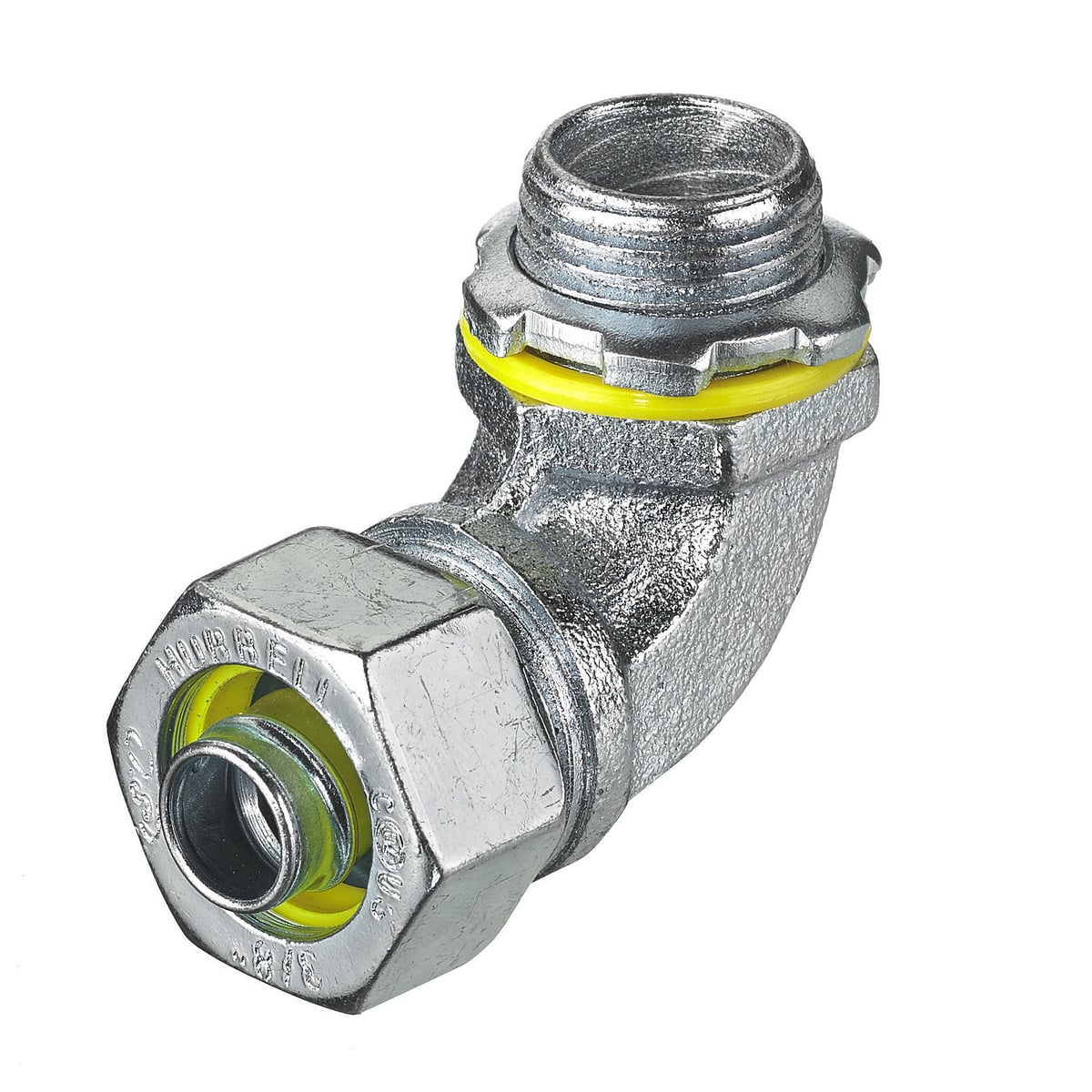 H0389 Non-Insulated Male Metallic Liquidtight Connector, 3/8 in Trade, 90 deg, Steel, Zinc Plated